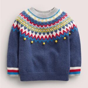 NWT Mini Boden Kids’ Fair Isle Crewneck Sweater | College Navy Multi | Size 2-3y